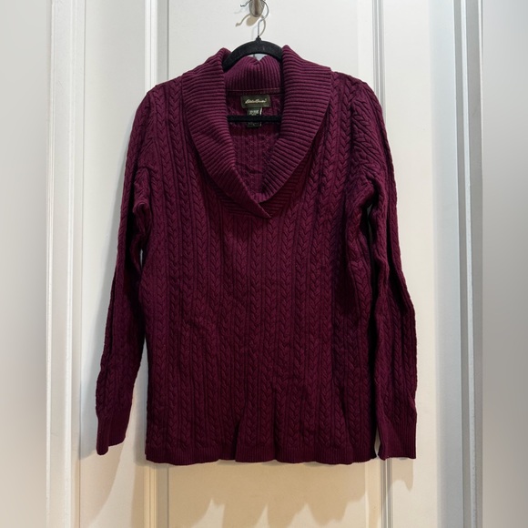 Eddie Bauer V Neck collared Knit cable Sweater Burgundy Size Large - Picture 1 of 7